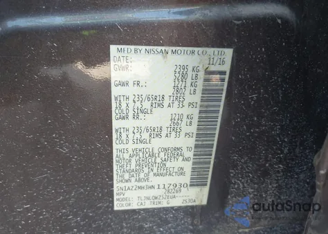 2017 Nissan Murano Sv z USA, uszkodzony, nr VIN 5N1AZ2MH3HN117930